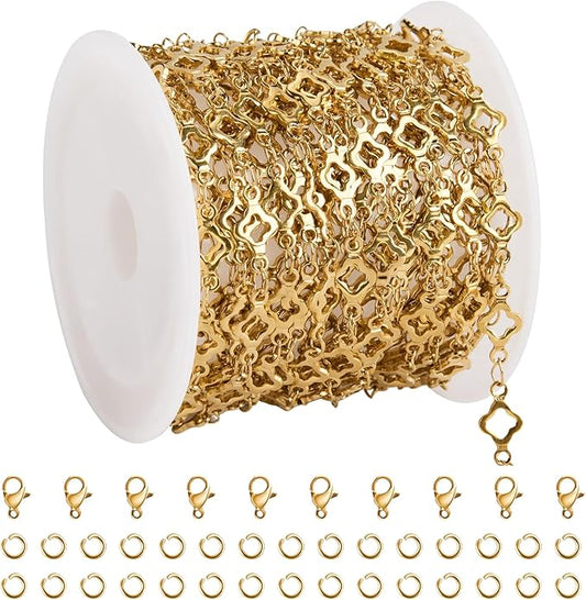 YOUBEIYEE 13 Feet Four Leaf Clover Chains for Jewelry Making Gold Plated Stainless Steel Chains Bulk on Spool