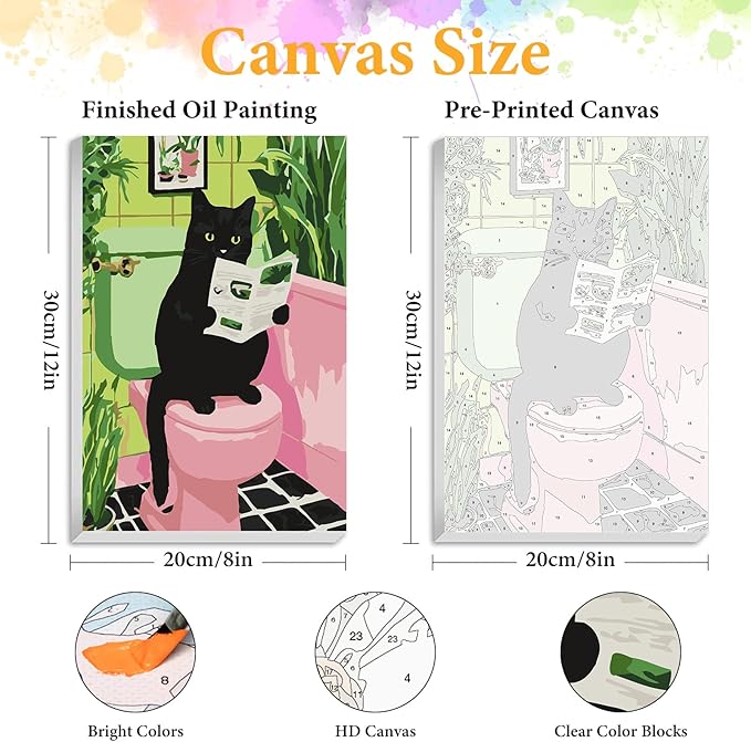 Framed Paint by Numbers Kit for Adults Beginner Black Cat, Adult Paint by Number Kits on Canvas Framed Bathroom, DIY Acrylic Oil Painting by Numbers with Frame, Perfect for Home Decor 8 X 12 Inch