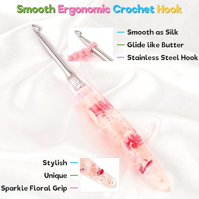Katech 5.0mm Crochet Hook for Arthritic Hands, Hand-Polished Stainless Steel Ergonomic Crochet Hooks with Customized Sparkle Dried Floral Grip, Soft Tapered Hook-Crochet Gift for Beginner & Crocheter