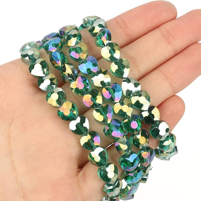 70pcs 8mm AB Dark Green Faceted Heart Beads for Jewelry Making Crystal Glass Beads for Bracelets Necklace Crafts, Friendship Bracelet Kit, Love Gifts