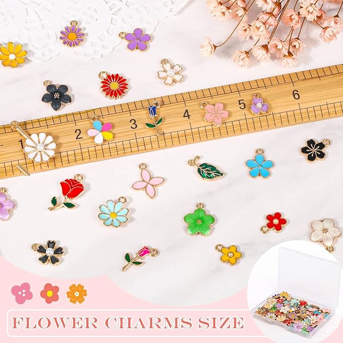 100Pcs 50 Pairs Flower Charms for Jewelry Making, Wholesale Assorted Enamel Mixed Bulk Metal Earring Charms for DIY Necklace Bracelet Earring Jewelry Making and Crafting