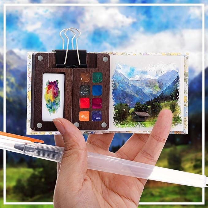 Qilery Mini Portable Watercolor Palette Set Wooden Grid Paint Box Watercolor Paper Sketch Book Brush Pens with Binder Clip for Painters Artist Not Include Paint(Winter Jasmine)