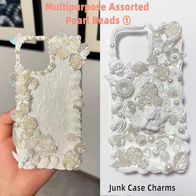 Baroque Pearl Beads for Junk Case Charms Kit,Assorted Unique Aesthetic Y2K Beads with Holes, Vintage Relief Flower Bow Angel Charms for DIY Phone Charms, Bracelet Jewelry Making Decor Supplies, White