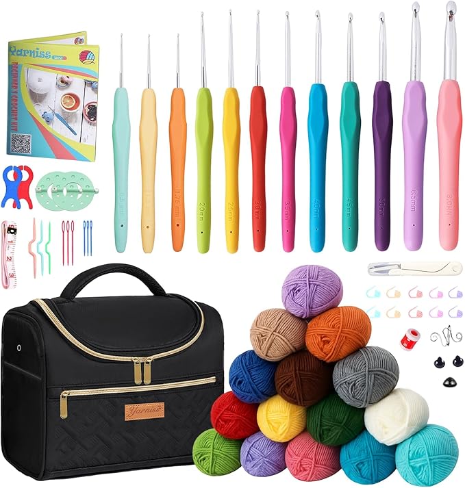 yarniss crochet kits with yarn,1120 yards soft crochet skeins, 12 size ergonomic crochet hooks with portable crochet bag,black