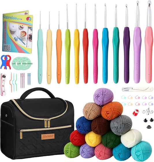 yarniss crochet kits with yarn,1120 yards soft crochet skeins, 12 size ergonomic crochet hooks with portable crochet bag,black