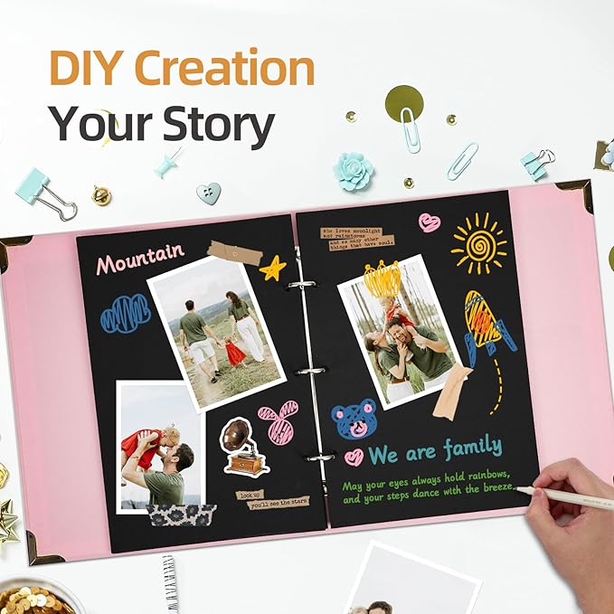 Vienrose DIY Scrapbook Photo Album Kit with Pens Tapes and Stickers 60 Pages Hardcover 12x12 Inches 3 Rings Removable Black Paper Scrapbooking for Lover Friends Kids Wedding Pink