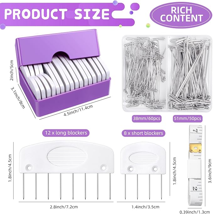 130 Pcs Knit Blockers Kits, Blocking Knit Combs Pins Set for Knitting, Knitting Tools Knitter Crochet, with Flexible Tape Measure Ruler, Silver T-Pins for Sewing Lace or Needlework Projects Device