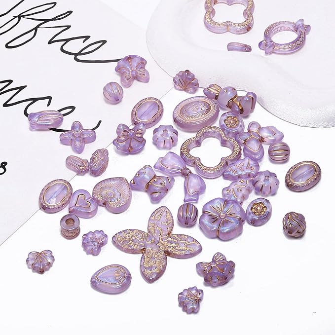 7.5 OZ Assorted Vintage Acrylic Beads for Jewelry Making, Song Xi Unique Flower Rose Czech Beads for Bracelet Earrings, Bohemia Style, Bulk, Arts and Crafts, DIY Holiday Gift (240-260 PCS, Purple)