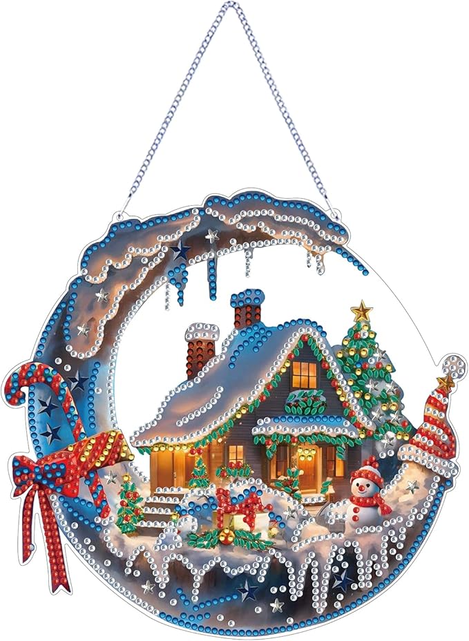 STGLCR Hanging Ornament Chirstmas House Diamond Painting Kits for Adults, Winter Diamond Art Kits for Beginners, 5D DIY Christmas Wreath Diamond Dot Art Pendants, Full Drill Moon Gem Craft 7.8 inch,