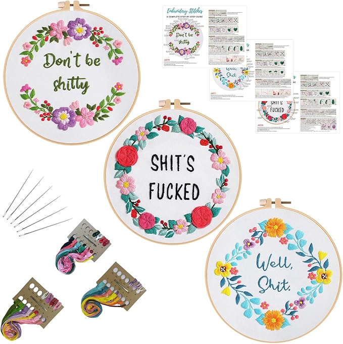 Louise Maelys 3 Sets Funny Embroidery Kits for Beginners,Cross Stitch Kit for Adults,DIY Starters Needlepoint with Flower Wreath Pattern,Including Instruction and Threads