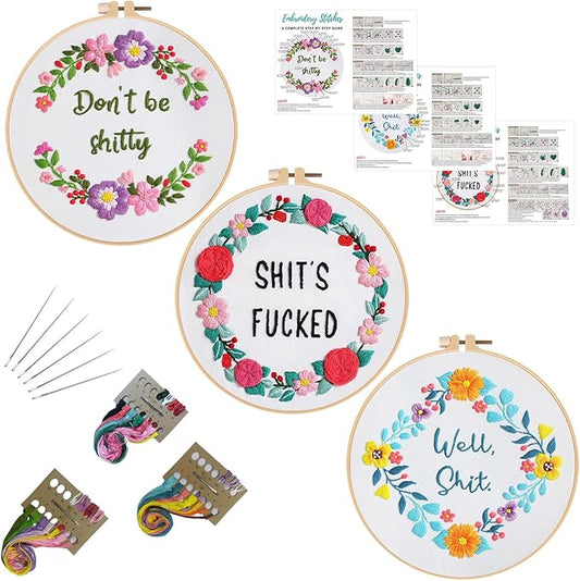 Louise Maelys 3 Sets Funny Embroidery Kits for Beginners,Cross Stitch Kit for Adults,DIY Starters Needlepoint with Flower Wreath Pattern,Including Instruction and Threads
