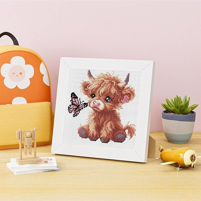 Cross Stitch Kits For Adults Beginners,Highland Cattle Stamped Cross Stitch Kits with Wooden Framed,Embroidery Kit For Beginners,Partial 11CT Cross-Stitch Arts and Crafts For Adults 7.9x7.9inch