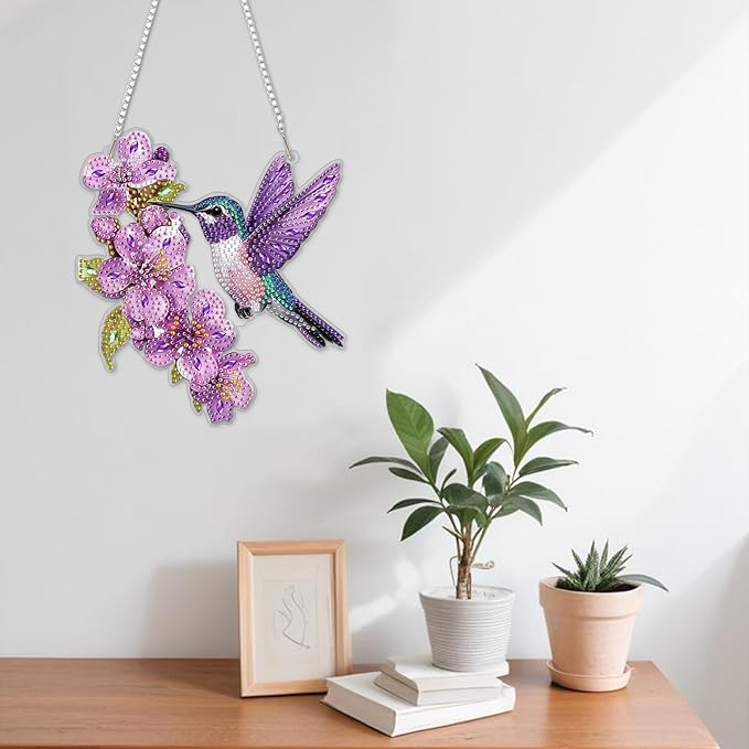 NAIMOER DIY Hanging Diamond Art Kits for Adults, Hummingbird Diamond Painting Kits, Special Shaped Rhinestone, Acrylic 5D Gem Art Craft Window Pendants Home Garden Wall Hanging Ornament Kits
