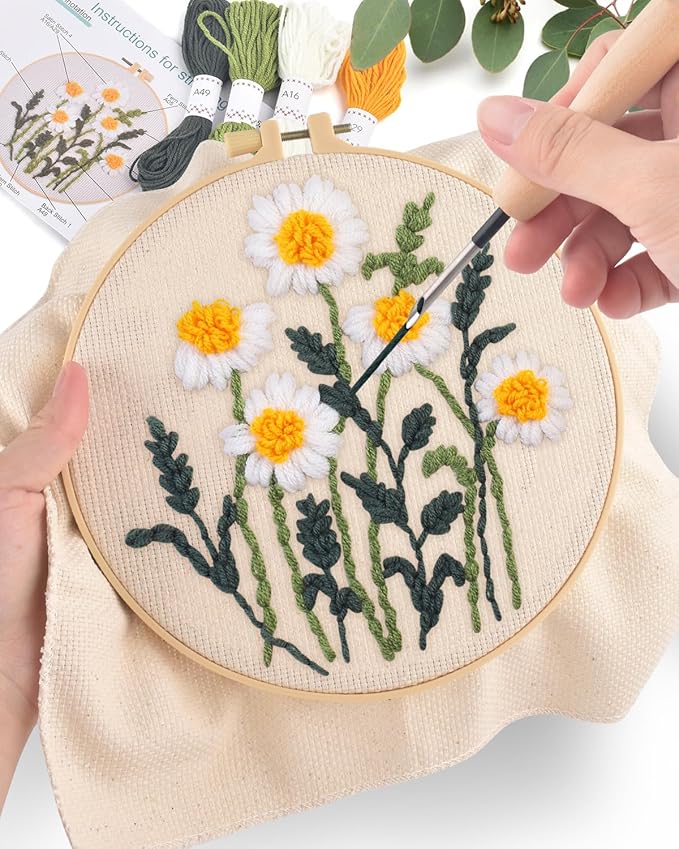 ERKOON Punch Needle Kit Adults Beginners, 2 Pcs DIY Easy Flower Embroidery Set for Starter Art Craft, Needling Punching Project with Patterns, Tools, Yarns, Hoop, Instruction (Daisies)