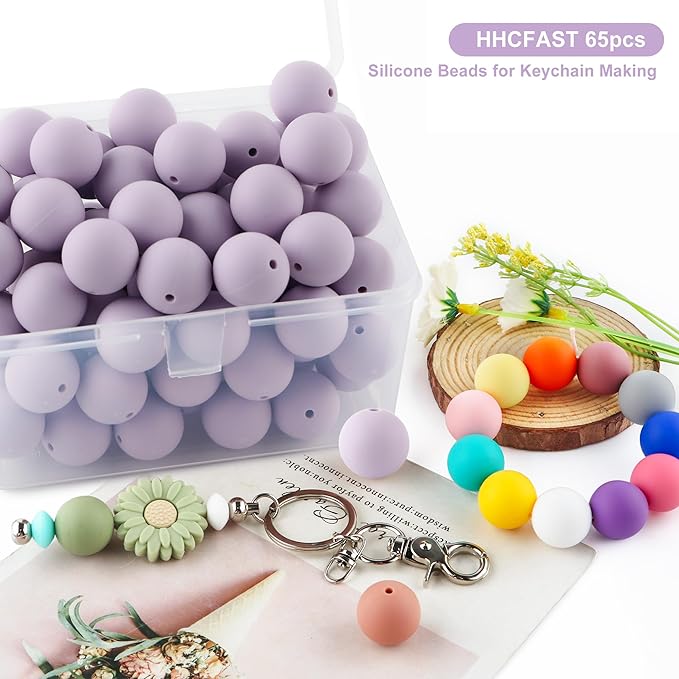 65Pcs 19mm Silicone Beads for Keychain Making Bracelet Necklace, Bulk Round Silicone Beads for Pens（Lilac）
