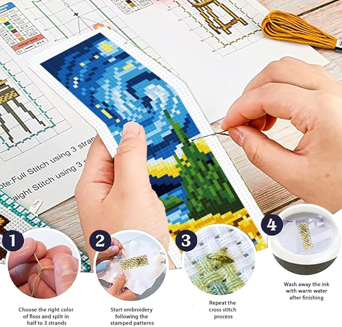 ORIGACH 6 Pcs Cross Stitch Bookmark Kit for Beginner Adults, Swirling Night Sky Stamped Embroidery Bookmark Kit with Instruction for Starters Printed Cross Stitch DIY Kits for Book Lovers