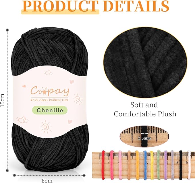 Coopay Skinny Chenille Yarn for Crocheting and Knitting, 12 Pack of 50g/1.76oz - 1764yd Total, Crochet Yarn of Light Weights - Suitable for Baby Blankets, Plush Toys, Garments - Super Soft (Black)
