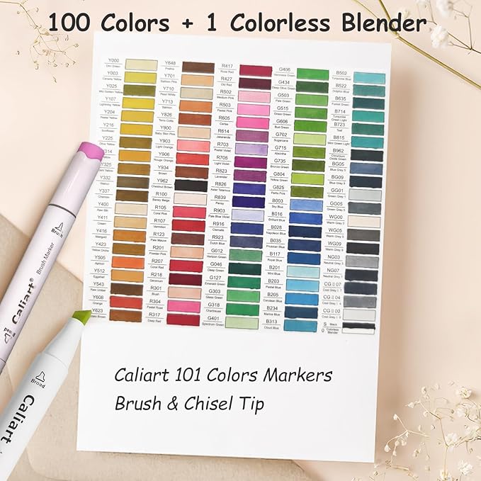 caliart alcohol brush tip markers, 101 colors adult coloring markers set dual tip chisel & brush for artists drawing illustration sketching, with case permanent colored art pens drawing supplies