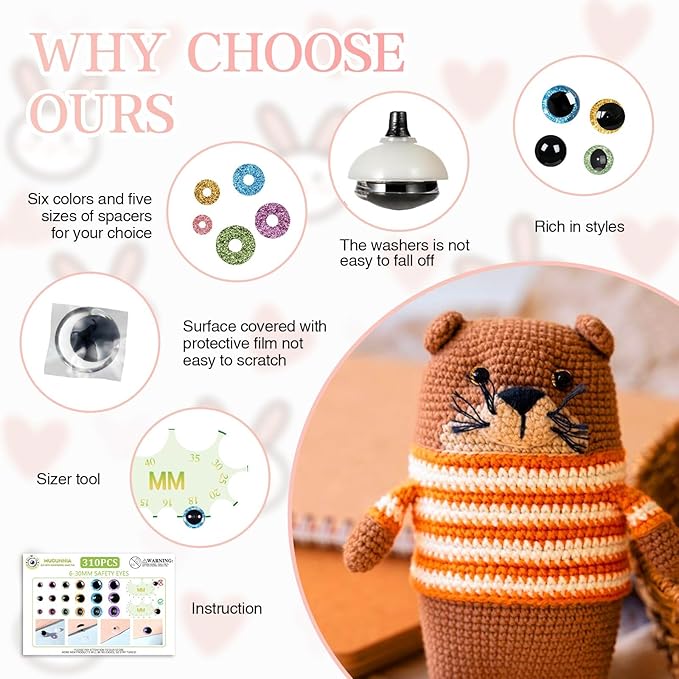 MUCUNNIA 620PCS Safety Eyes for Crocheting with Washers 6-30mm Glitter Safety Eyes for Amigurumi Crochet Stuffed Animals Teddy Bear Christmas Decorations
