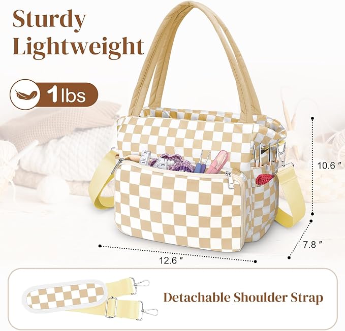 DALINDA Crochet Bag Organizer,Yarn Bag and Tote- Yarn Storage with Multiple Pockets for Crochet Supplies, Knitting Bag for Gifts,Portable & Durable (Brown Plaid)