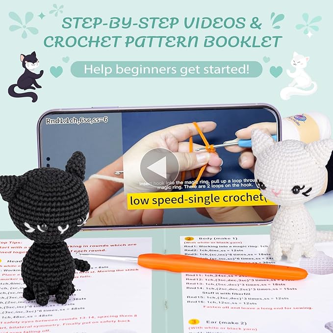 Crochet Kit for Beginners, Crochet Starter Kit with Step-by-Step Video Tutorials, Crochet Animal Kits for Adults, DIY Craft Supplies (Magical Cats)