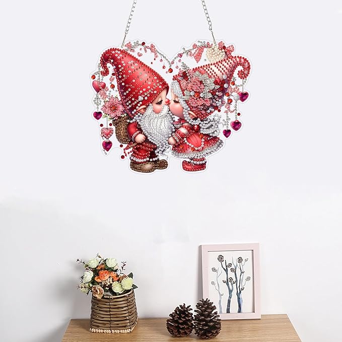 LILEIDECO DIY Valentine’s Day Diamond Art Painting Kits Special Shape Rhinestone Window Pendants Hanging Home Garden Wall Double-Sided Pattern (Single Side Point Drill)- Love Gnomes