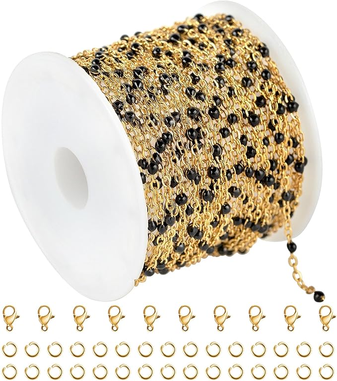 KYUNHOO 16.4 Feet Gold Plated Chain for Jewelry Making Solid Stainless Steel Cable Chain Black Beaded Jewelry Chain Roll with Lobster Clasps Jump Rings