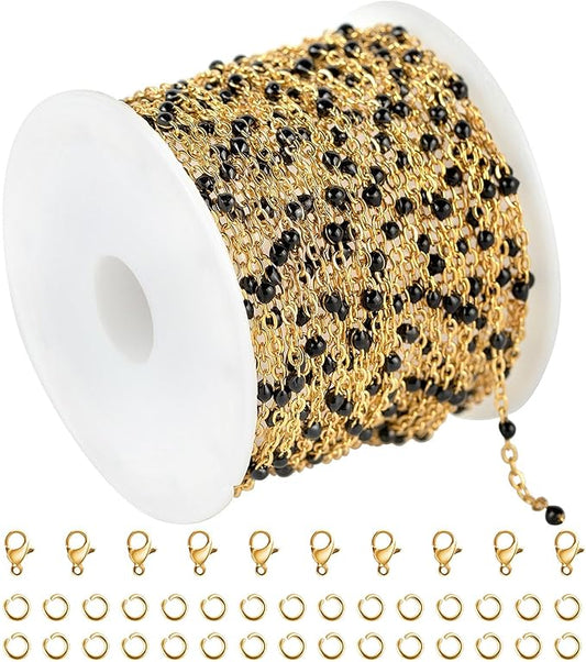 KYUNHOO 16.4 Feet Gold Plated Chain for Jewelry Making Solid Stainless Steel Cable Chain Black Beaded Jewelry Chain Roll with Lobster Clasps Jump Rings