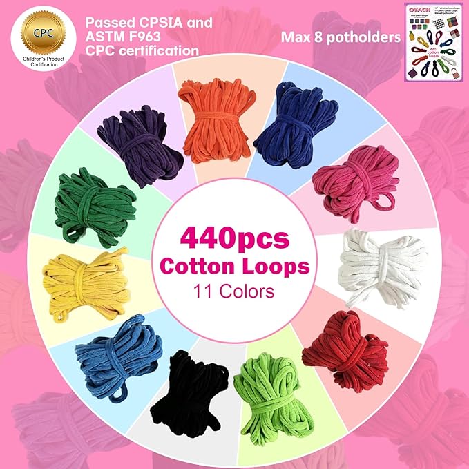 OYACH 440pcs 10inch Cotton Potholder Weaving Loom Refill Loops, 11 Colors Rainbow Loops Bands,Pot Holder Loom Loops Pack with Hooks for Kids Adults DIY Crafts,8pcs Cotton Potholders(Loom not Included)