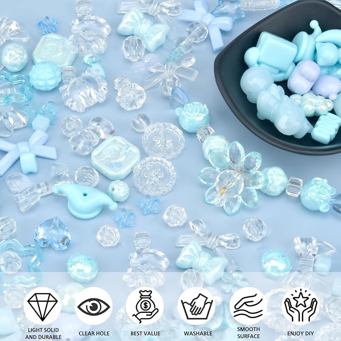 ABONDEVER 245-300Pcs Assorted Acrylic Beads for Bracelets Making Cute Star Bow Flower Candy Heart Gummy Bear Butterfly Beads for DIY Jewelry Crafts Keychain Necklace Phone Charms(Blue)