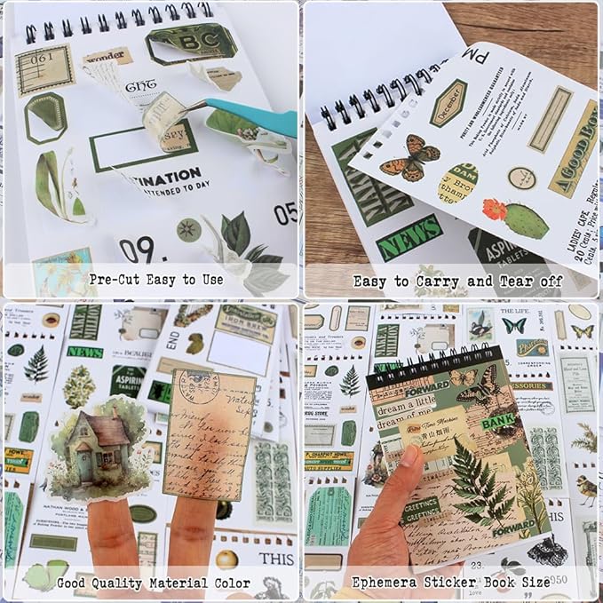 488PCS Vintage Scrapbook Stickers, 50 Sheets Precut Washi Stickers Book for Journaling, Green Ephemera for Junk Journal Supplies, Scrapbooking, Bujo, Collage, Adults Crafts Arts