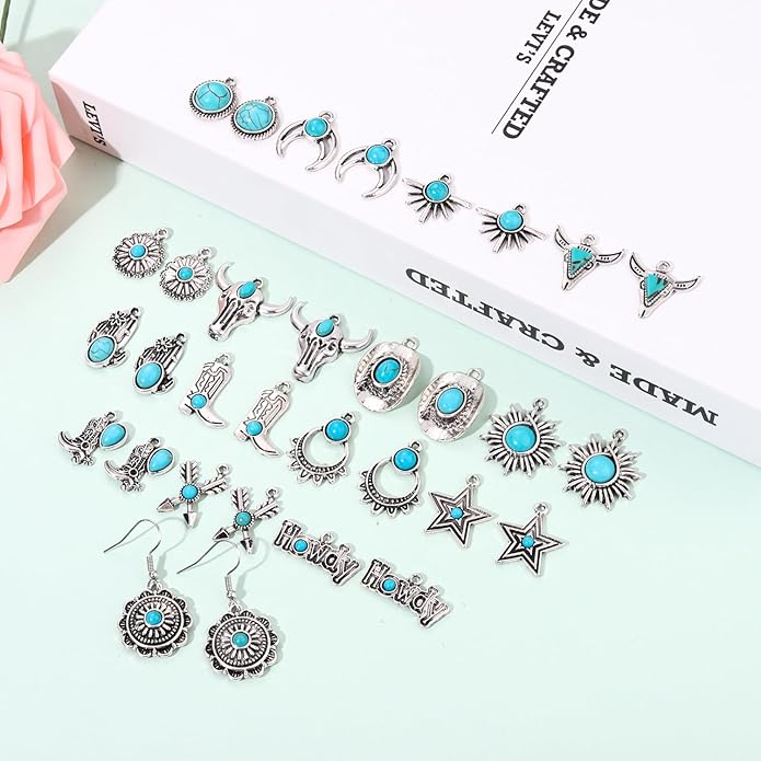 NVENF 32PCS Western Charms for Jewelry Making, Synthetic Turquoise Vintage Cactus Heart Flower Lightning Cowboy Boot Pendant for Bracelet Necklace Earring DIY Crafts