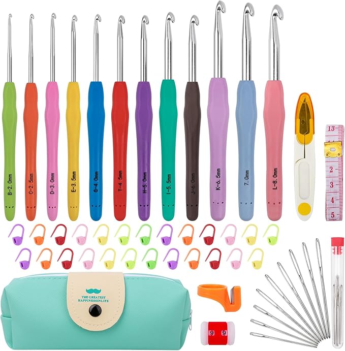 MECHEER Crochet Hooks 12 Sizes Crochet Hook Set, 51 Pack Yarn Crochet Kit for Beginners, Knitting Needles with Ergonomic Handles for Arthritic Hands, Crochet Needle Kit with Blue Case for Crocheters