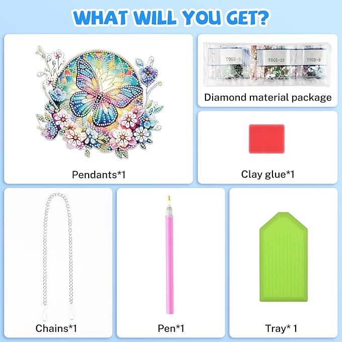 Bowetile Butterfly Diamond Art Hanging Kits for Adults, 5D Special Shape Diamond Painting Flowers Pendant Kits, Animal Gem Art Suncatchers Painting Ornament for Home Garden Wall Decor