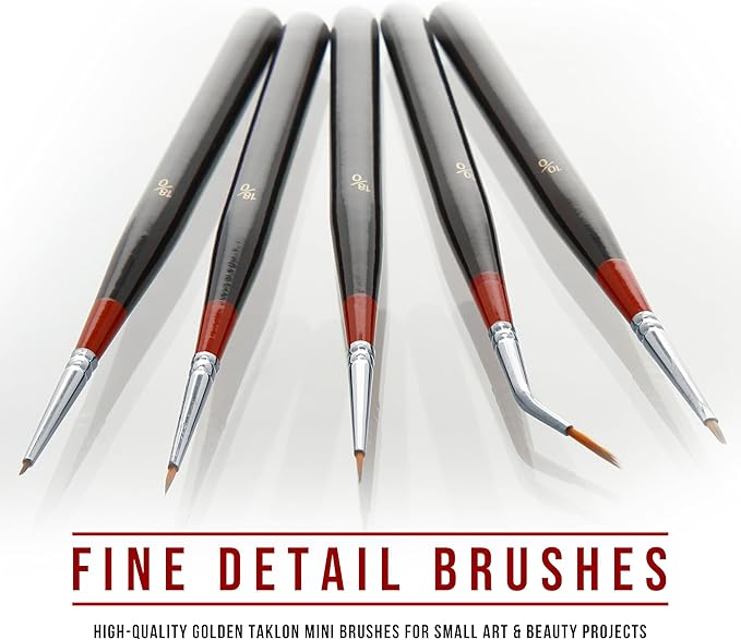 U.S. Art Supply 5 Piece Miniature Tight Spot Micro Fine Detail Art & Beauty Taklon Brush Set with Wood Handles