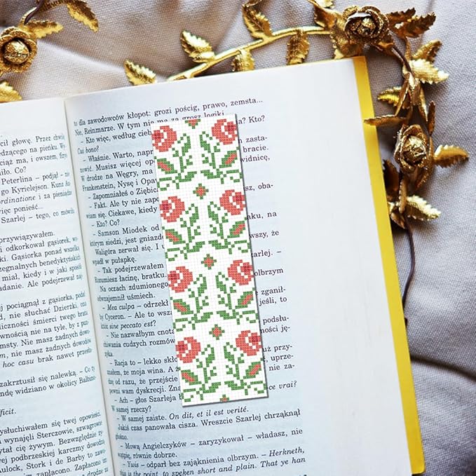 FREEBLOSS 6 PCS Cross Stitch Bookmark Kits for Beginner Stamped Cross Stitch Kit DIY Embroidery Bookmark Kit with Instructions, Flower and Leaves Pattern 8" x 2.4"