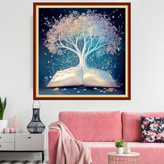 Redxing Stamped Cross Stitch Kits Embroidery kit for Beginners Adults Full Range of Embroidery Patterns Starter Kits DIY Printed Cross Stitch Kits Needlepoint Kits 11CT-White Tree Book 18x18 inchs