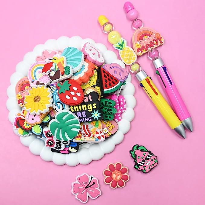 Silicone Focal Beads for Pens Summer Accessory Kit 60 Pcs Colorful Round Beads for Keychain Making Bracelet Necklace Handmade Crafts