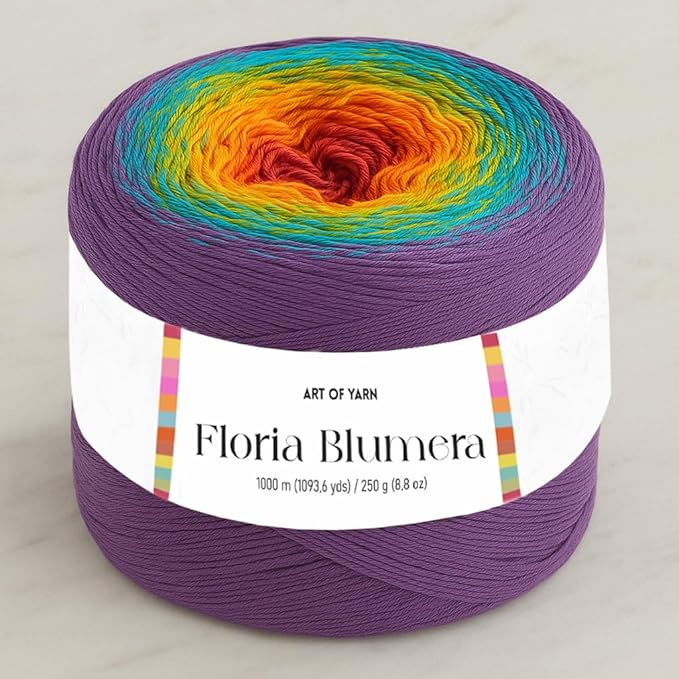 Floria Blumera Yarn 55% Cotton 45% Acrylic 1093.6 Yards Multicolor Gradient Yarn Cake for Knitting Crochet Spring Summer Ombre Rainbow Cotton Yarn for Flowers S.Fine 1 Sport-99277