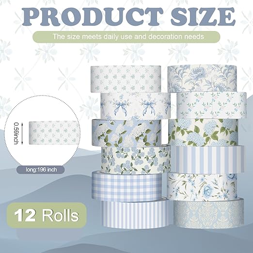 12 Rolls Watercolor Floral Washi Tape Set 15 mm Vintage Flower Decorative Masking Tape for Spring Arts DIY Craft Scrapbook Journal Supplies Gift Wrapping(Dusty Blue,Rose and Hydrangea)