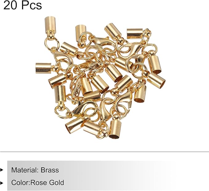 MECCANIXITY Fold Over Cord End Caps Rose Gold 4mm OD with Crimp Covers Lobster Claw Clasps DIY Jewelry Making for Bracelets and Necklaces Crafting 20 Pcs
