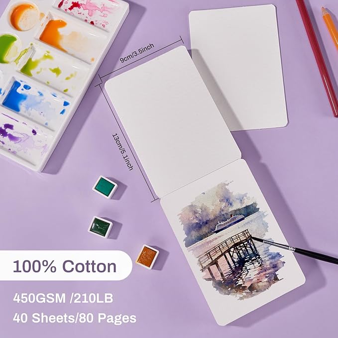 Lightwish 40 Sheets Mini Watercolor Sketchbook Cold Press 450gsm/210lb, Travel Size Portable Tearable Square Painting Notebook, Square Watercolor Sketch Book Art Paper 3.5 x 5.1 inch