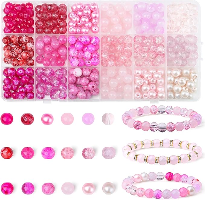 DUQGUHO 8mm Pink Beads for Jewelry Making Pink Glass Beads for Crafts Rose Glass Round Bead for Bracelets, Necklaces & DIY Crafts 360PCS