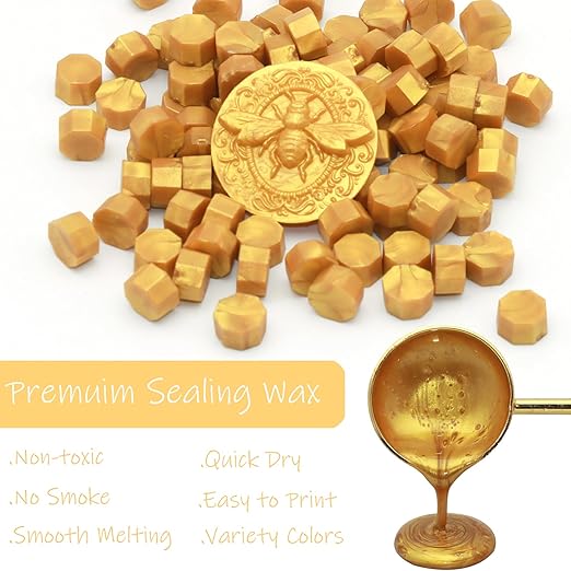 250pcs Wax Seal Beads Royal Gold, Andotopee Premium Sealing Wax Beads for Stamp Seals, Octagon Metallic Seal Stamp Pellets Refill Pack for Wedding Invitation, Letter Envelope, Scrapbook DIY Crafts