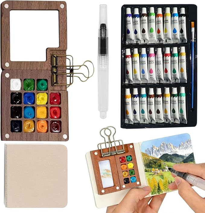 Mini Watercolor Paint Set, Travel Watercolor Kit,Portable Pocket Water Color Paint kit for Beginners and Artist with Sketchbook(15-Grids)