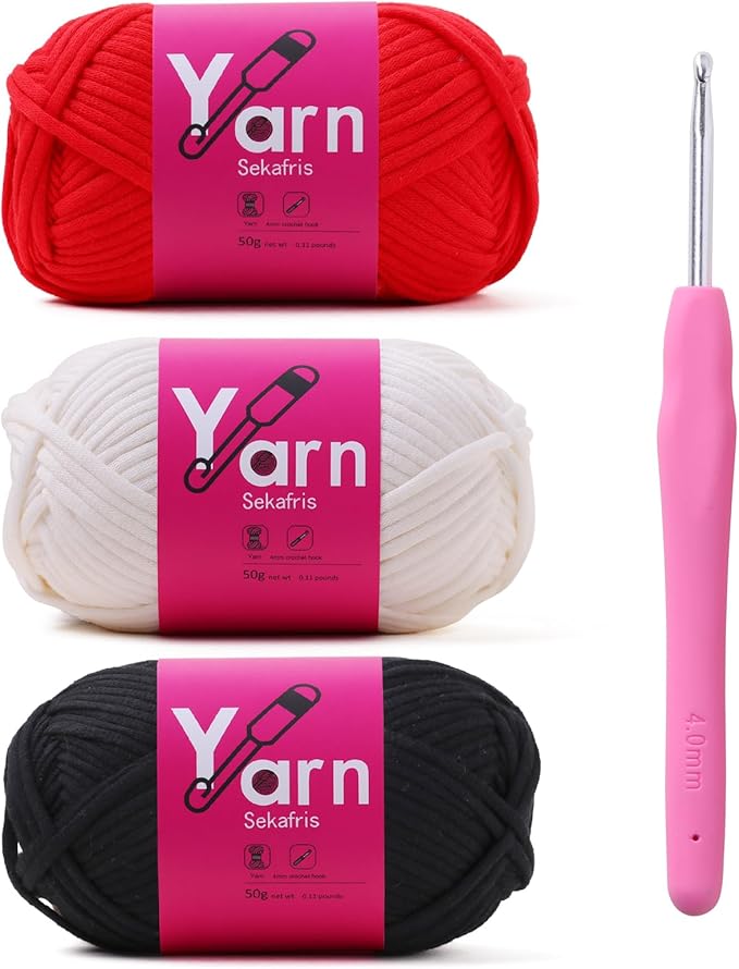 Crochet Yarn with Cotton Yarn for Crocheting - Crochet Knitting Yarn for Beginners with Easy-to-See Stitches - Yarn for Crocheting - Parfait Chunky Yarn (Crimson+White+Black)