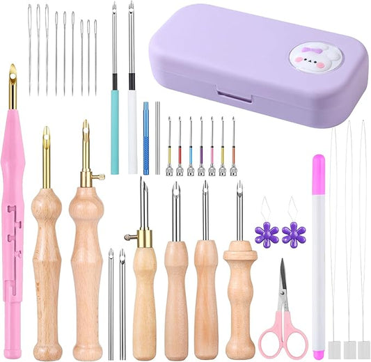 37Pcs Punch Needle Kit for Beginner,Complete Set Includes Wooden Handle Punch Needle Tools in Various Sizes & Storage Case,Perfect for Crafting and Gift(Purple)