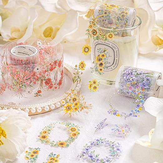 PET Tape Stickers for Journaling 6 Rolls Pre-Cut Flower Washi Tape Stickers Decorative Tape for Crafts Scrapbooking Junk Journal Supplies, Wreath of Letters