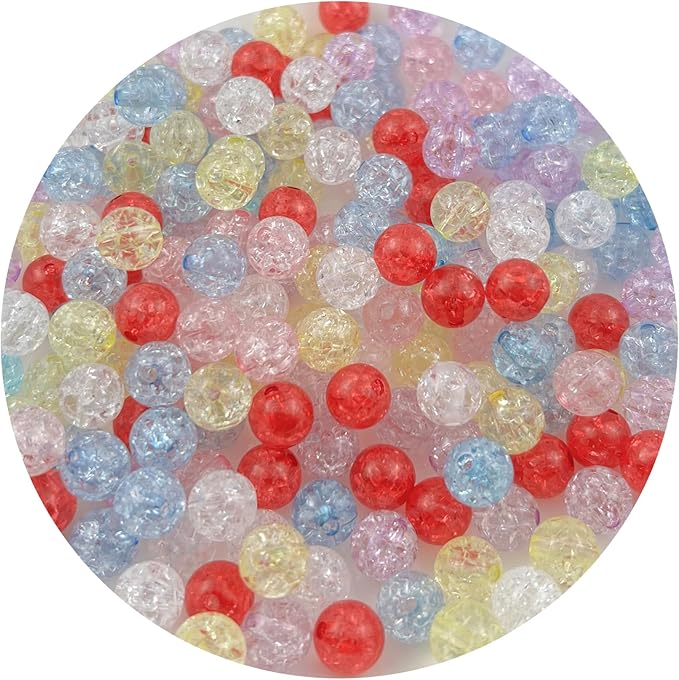 200pcs 10mm Acrylic Crackle Beads - Round Crystal Craft Beads with Hole for Jewelry Making - Mixed Colors