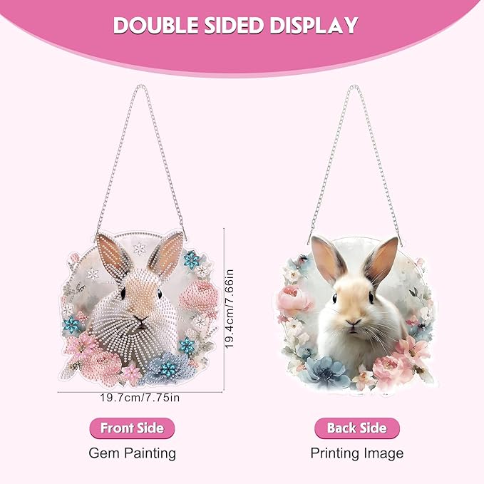 NEWENMO Hanging Diamond Art Kit for Adult, Cute Rabbit, 5D Special Shaped Rhinestone Diamond Painting Ornament, Bunny Easter, DIY Acrylic Diamond Art Painting Window Pendants Home Garden Wall Decor
